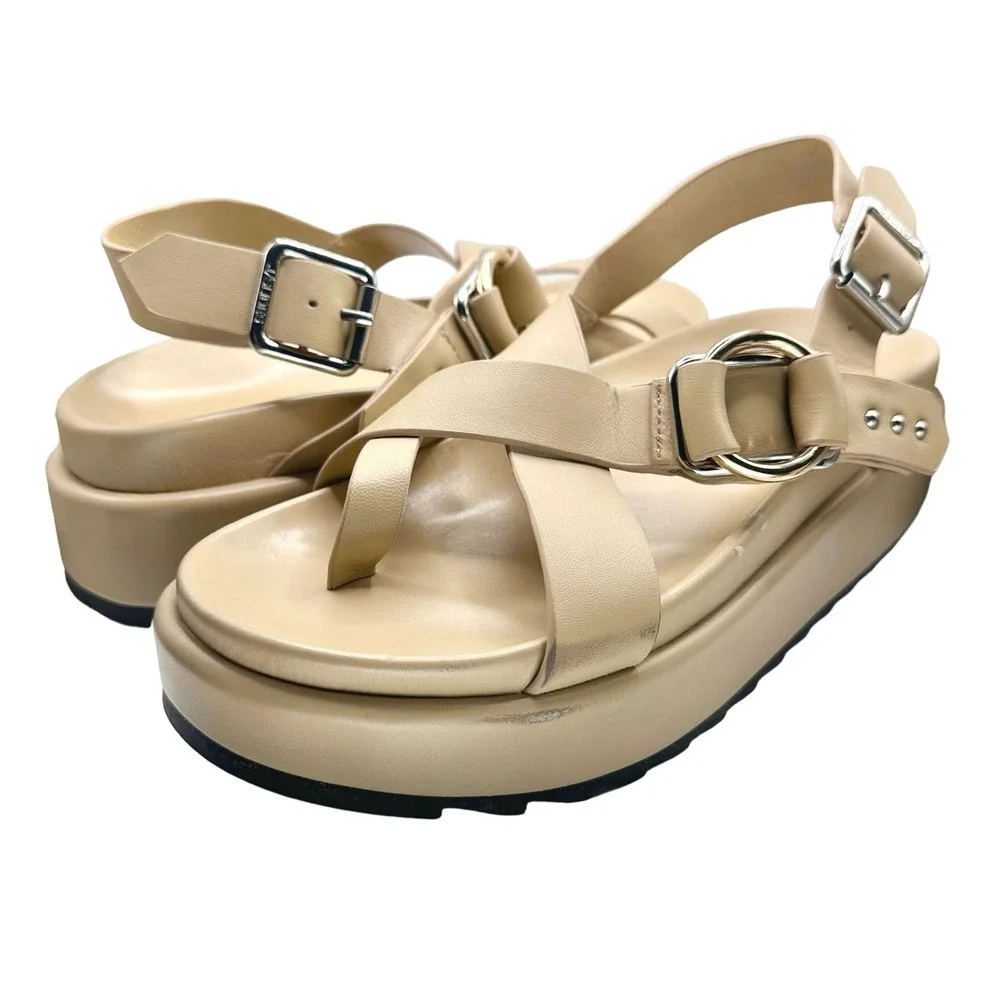 J/Slides | Women | Solara Sand Neutral Leather Platform Toe Ring Sandals | 9